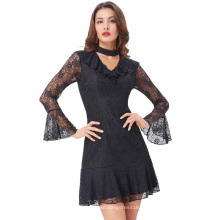 Kate Kasin Sexy Women&#39;s Long Sleeve High Neck Ancorado Front Hips-Wrapped Black Lace Dress KK000682-1